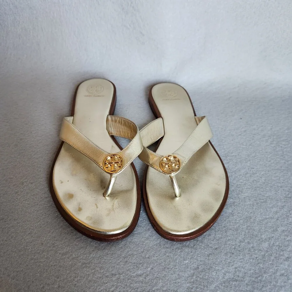 Tory Burch Metallic Gold Leather Thong Sandals